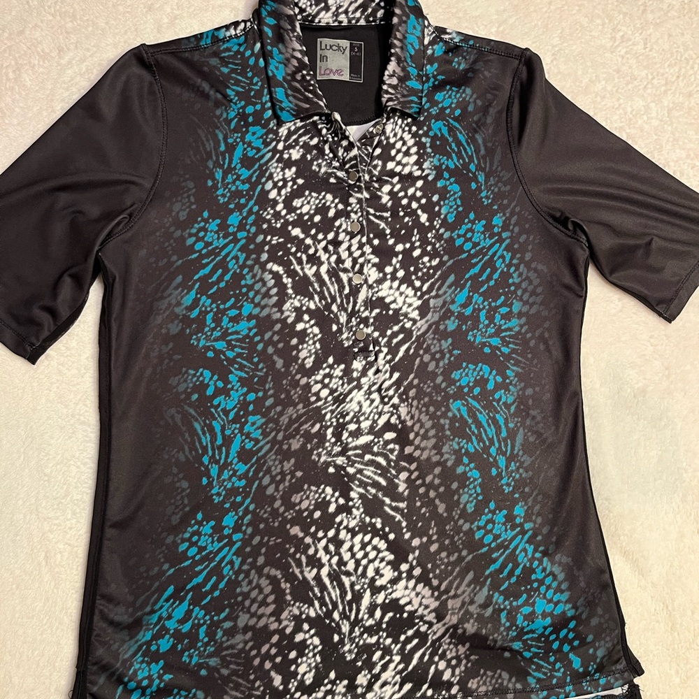 Lucky in Love Black, Teal & White Abstract Print Polo